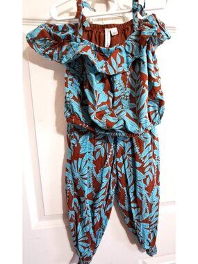 Janie and Jack Girl's 4 Tropical Print 2-Piece Cold Shoulder Pants Set